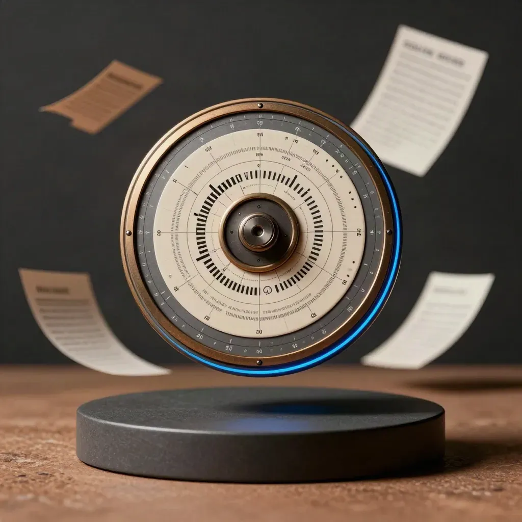 Circular keyword map pack on a pedestal with blue accents and drifting paper slips