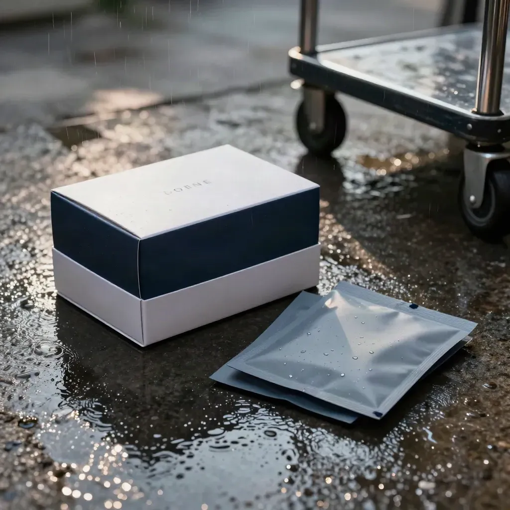 Rain-dappled campaign kit on dark stone beside a blurred chrome trolley