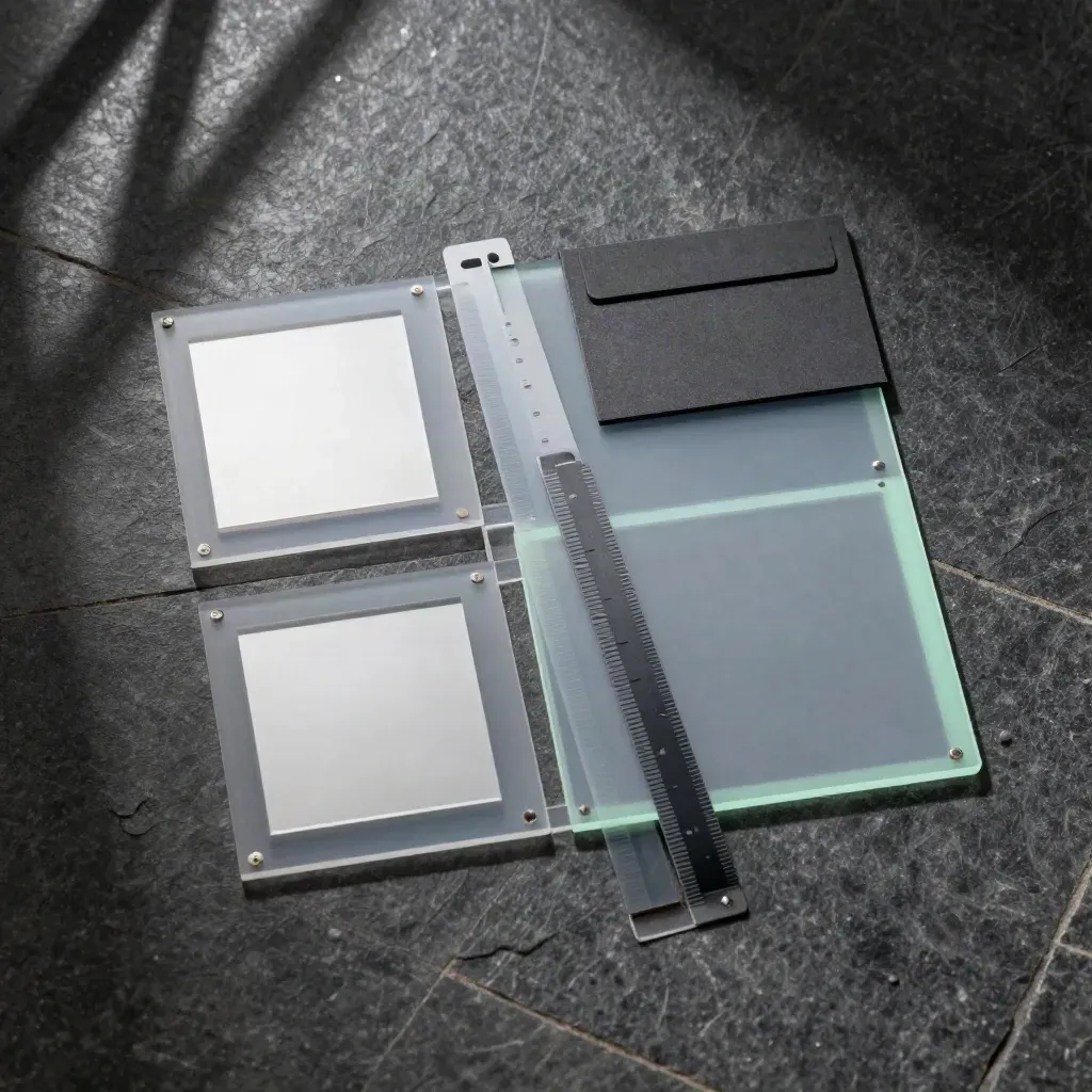 Overhead acetate overlays and mirrored squares on dark stone with a mint edge glow.
