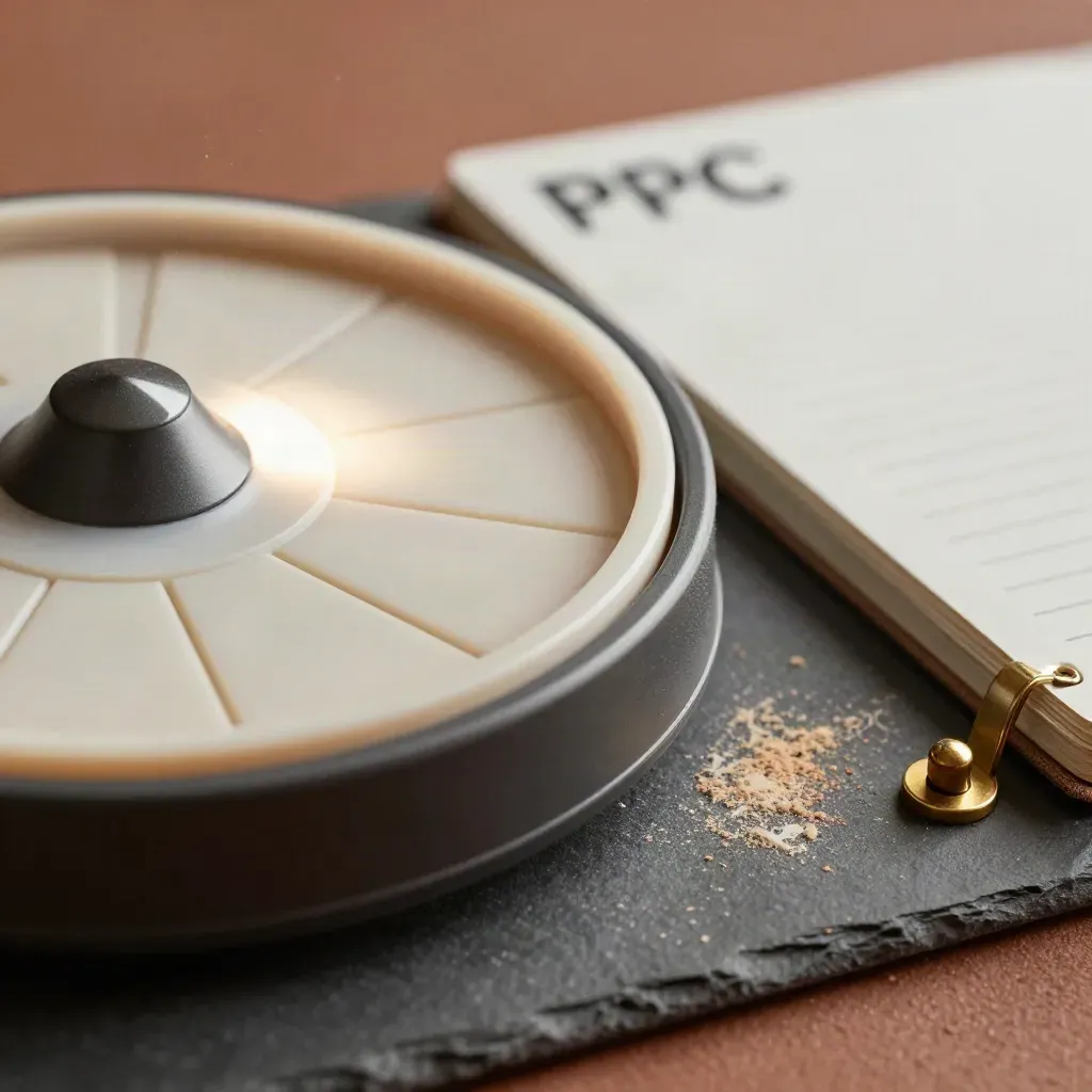 Macro of a graphite PPC plan wheel, notebook and brass clip on a slab.