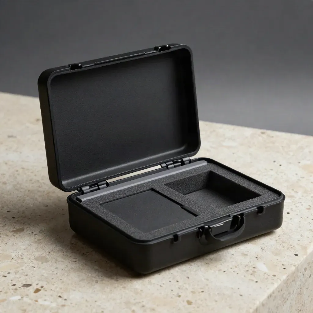 Matte-black PPC audit case with open lid and blank insert on travertine under dramatic studio light.