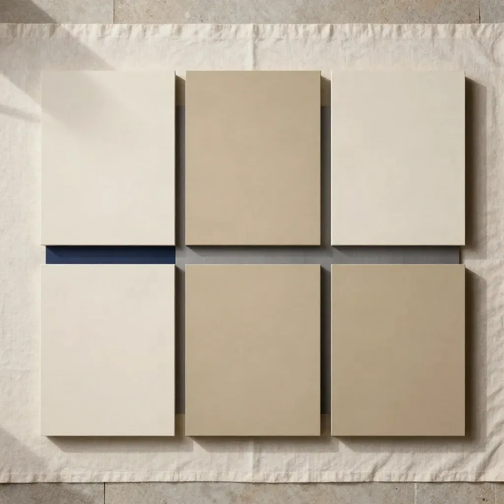 Top-down flatlay of modular brand store panels and spacers on linen with a navy accent