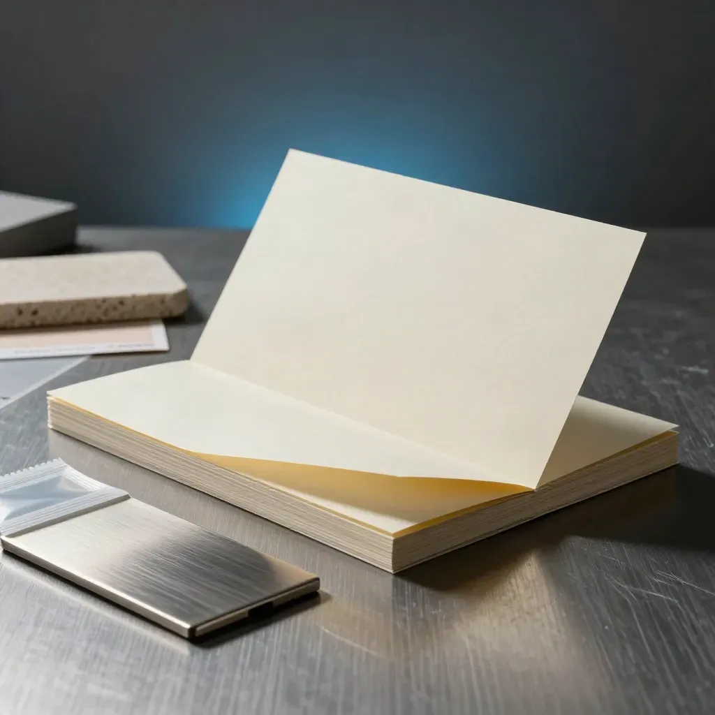 Cream listing-fix folio, stone sample and sealed pouch on brushed metal with moody studio light.