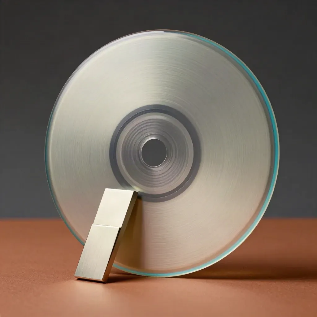 Brushed-metal keyword research disc with two matching blocks in macro light.