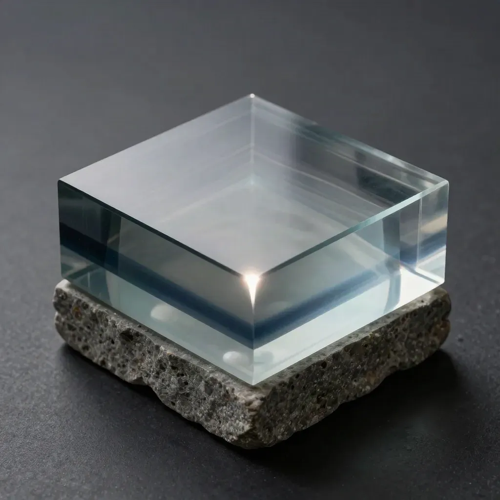 Translucent layered clear block on stone with a bright edge flare and navy reflection