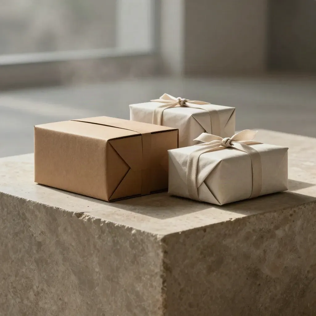 Brushed stone surface with stacked blank parcels and a soft glass glow in the upper third.