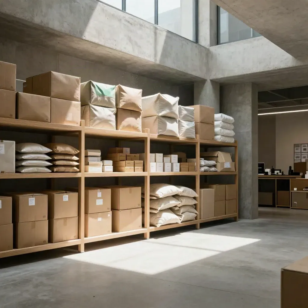 Sunlit concrete atrium with oak shelving and wrapped cartons, calm floor space for copy.